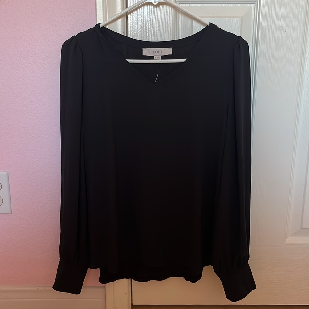 Loft Black Long Sleeve Mixed Media Blouse
